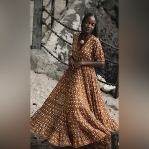 Daughters of India Tan and Cream Ruffled Maxi Sundress